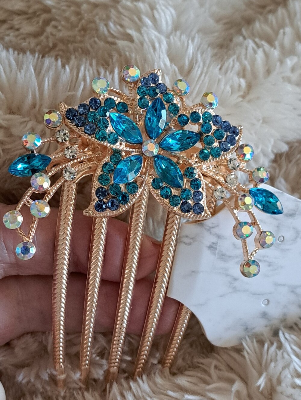 Gold-Tone Blue Crystal Floral Hair Comb